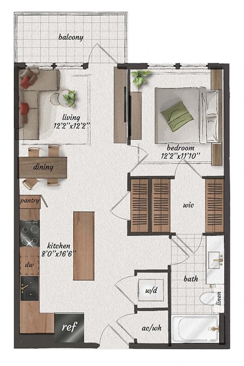 1 Bedroom, 1 Bathroom, 690 Square Feet - A2 Floorplan at St. Elmo Apartments in Austin, TX